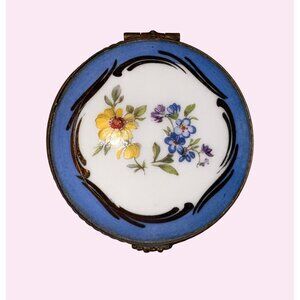 Limoges France Ceramic Trinket Box With Floral Design & Gold Accents
